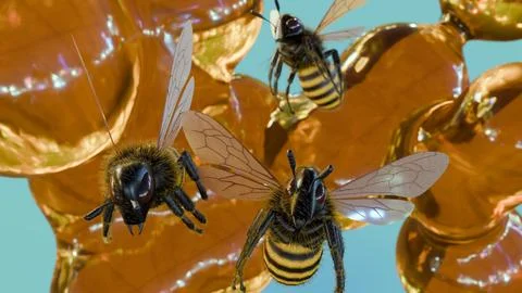 A 3d rendering of bees in flight with honey around the background Illustrazione stock
