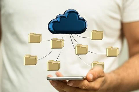 A 3d rendering of beige computer folders connected to a blue data cloud over  Stock Photos