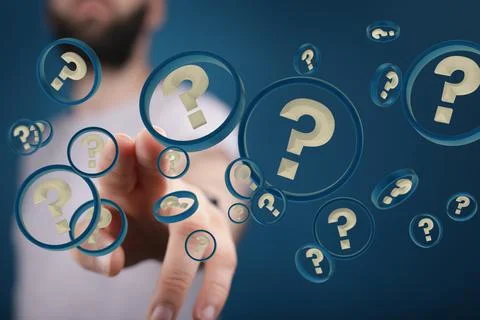 A 3d rendering of beige question marks in blue circular frames on a blue back Stock-Fotos