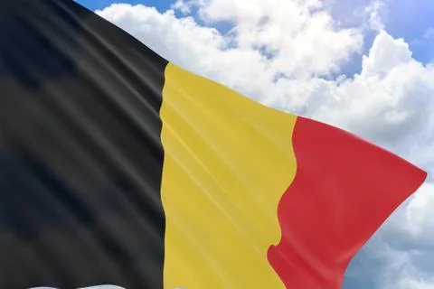 3D rendering of Belgium flag waving on blue sky background Stock Illustration