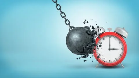 3d rendering of a big black iron wrecking ball breaks itself when hitting a Stock Illustration