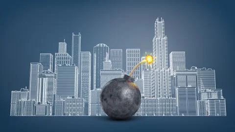3d rendering of a big black iron bomb with a lit fuse stands in front of a Stock Illustration