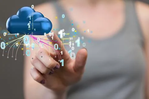 A 3d rendering of big data cloud digital in hand with a blurred female in the Foto stock