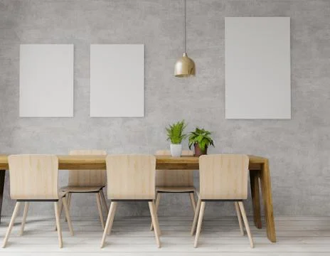 3d rendering of big dinning room with loft and industrail style , concrete wa Illustrazione stock