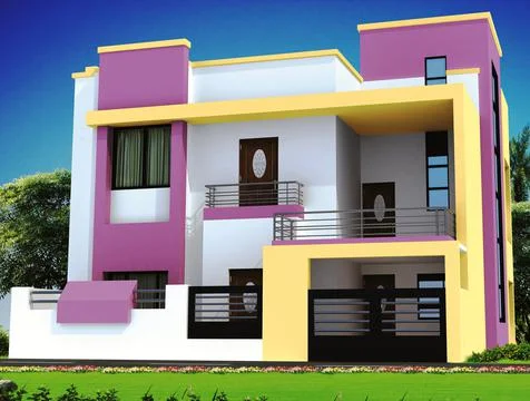 3D rendering of a big duplex house with a colorful abstract design イラスト素材