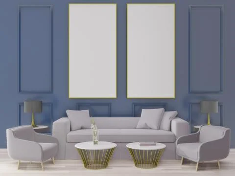 3d rendering big living room.interior design, art deco style, blue wall for m Stock Illustration