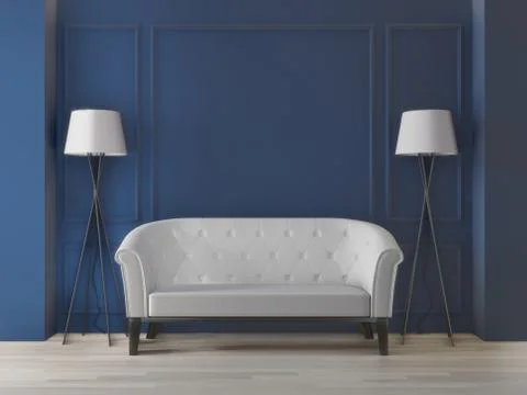 3d rendering big living room.interior design, art deco style, dark blue wall  Stock Illustration