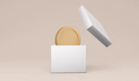 3D Rendering of a big money coin in a box on background concept of donation.. Stock Illustration