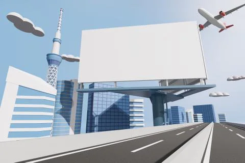 3d rendering billboard mockup over the express toll way road with background of  Ilustração Stock