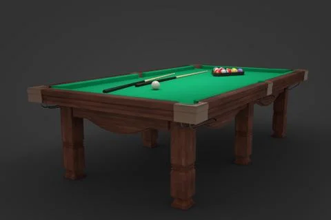 3d rendering of a billiards table with two cue sticks and a rack with balls on Stock Illustration