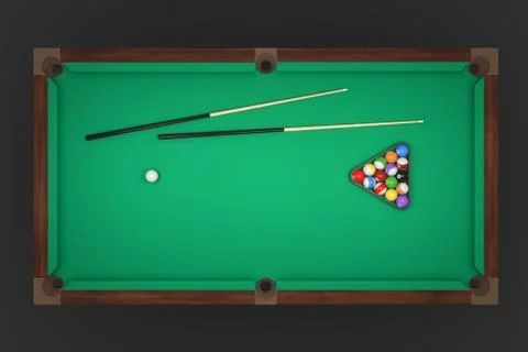 3d rendering of a billiards table with two cue sticks and a rack with balls in Stock Illustration