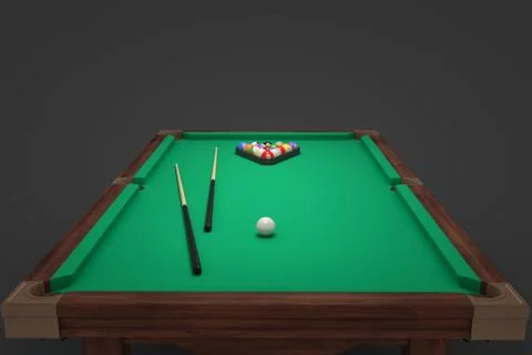3d rendering of a billiards table with two cue sticks and a rack with balls on Illustration