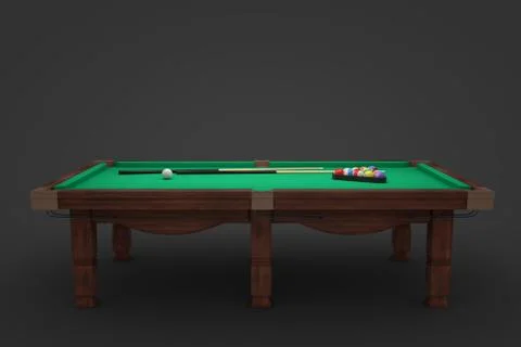 3d rendering of a billiards table with two cue sticks and a rack with balls on Stock Illustration