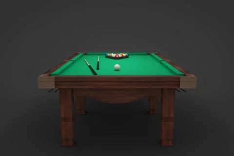 3d rendering of a billiards table with two cue sticks and a rack with balls on Stock Illustration