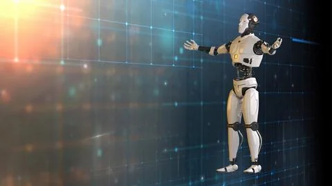 3d rendering of Binary Ballet , AI Robots performing a choreographed dance .. Illustrazione stock