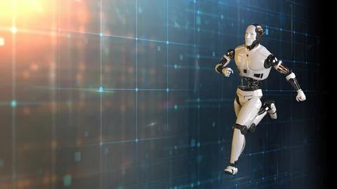 3d rendering of Binary Ballet , AI Robots performing a choreographed dance .. Illustrazione stock