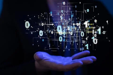 3D rendering of binary code and digital information on a man's palm Stock Photos