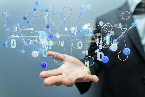 3D rendering of binary code and digital information on a man's palm Stockfoto's