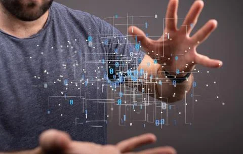 3D rendering of a binary code levitating in the air above a person's hands 스톡 사진