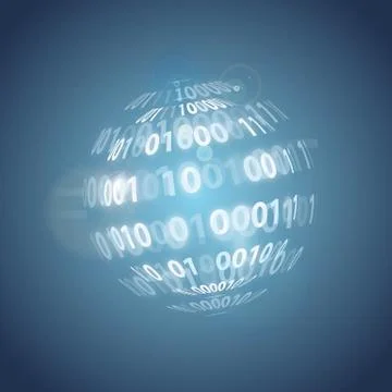 3D rendering of a binary code sphere with light beams on a blue background Stock Illustration