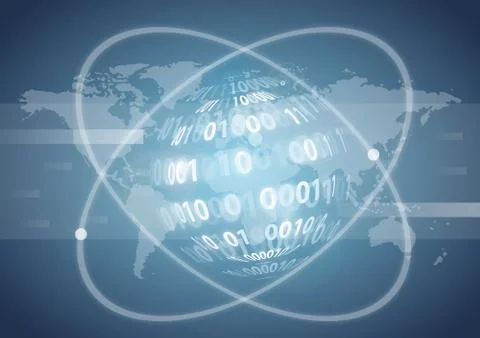 A 3D rendering of a binary code sphere with light beams and the world map on  Stock Illustration