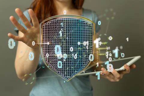 3D rendering of binary codes and a human hand touching a transparent screen 스톡 사진