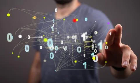 3d rendering of binary codes connected with lines with a buisnessman in the Stock Photos