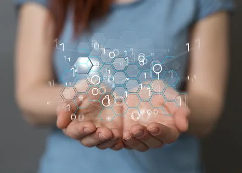 3D rendering of binary codes floating on hand- Big data concept Stock Photos