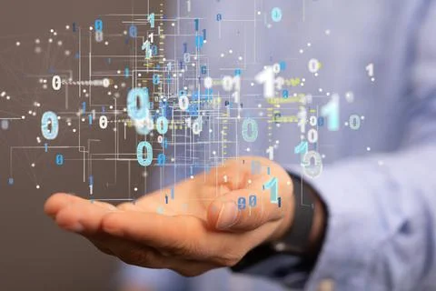 3D rendering of binary codes floating on hand- Big data concept Stockfoto's