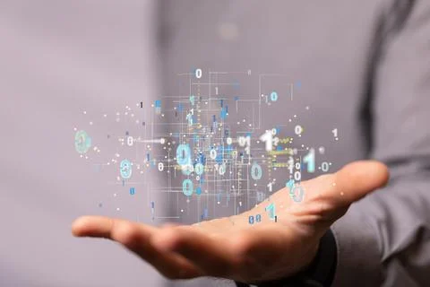 3D rendering of binary codes floating on hand- Big data concept Stockfoto's