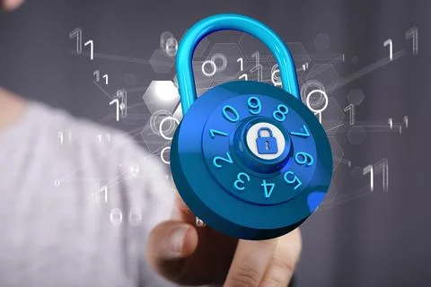 A 3d rendering of a binary cybersecurity lock concept touched by a hand on a  Stock Photos