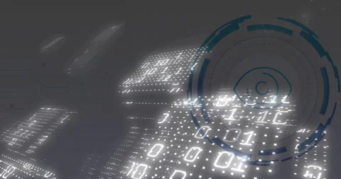 3D rendering binary digits flowing across panels with rotating blue HUD framing Stock Footage 309145154