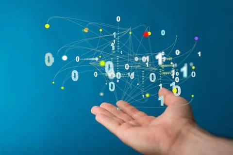 A 3D rendering of binary number system on a real  hand palm with a blue backg 스톡 사진