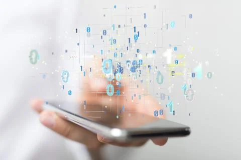 A 3d rendering of a binary scheme over a smartphone in a human hand on white  스톡 사진