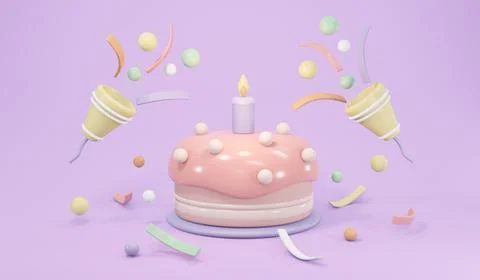 3D Rendering of birthday cake with candle and party popper popping confetti.. Stock Illustration