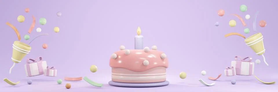 3D Rendering of birthday cake with candle and party popper popping confetti.. Illustrazione stock