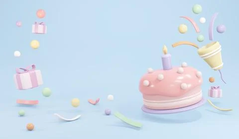 3D Rendering of birthday cake with candle and party popper popping confetti.. Illustrazione stock