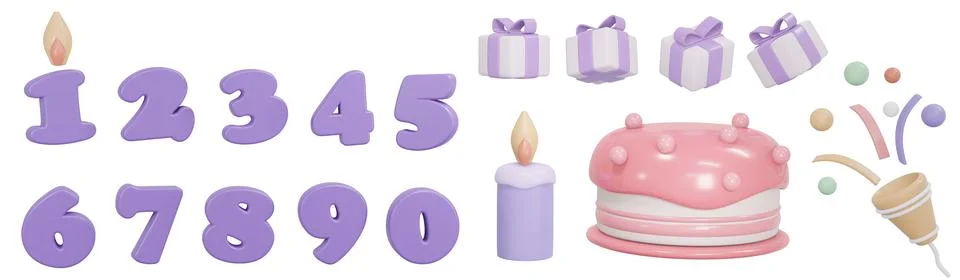 3D Rendering of birthday elements. Birthday cake candle number gift box and.. Illustration