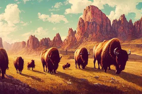 3D rendering of bison herd in field surrounded by cliffs Stock Illustration