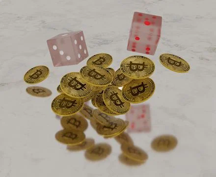 3d rendering of bitcoin and clear glass dice Stock Illustration