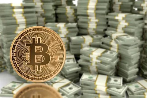 3D rendering of a bitcoin with the money stack in the background Stock Illustration