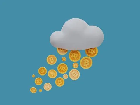 3D rendering of bitcoin rain from a white cloud on a blue background Illustrazione stock