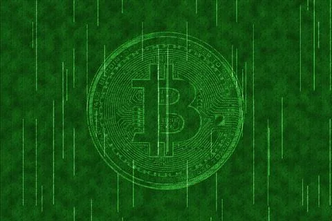 3D rendering Bitcoin symbol on a futuristic green matrix background Stock Illustration