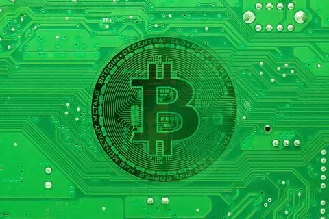 3d rendering Bitcoin symbol on a futuristic green matrix background Stock Illustration