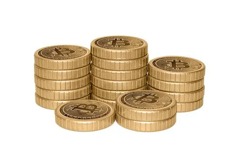 3D rendering of bitcoins stacked on a white background Stock Illustration