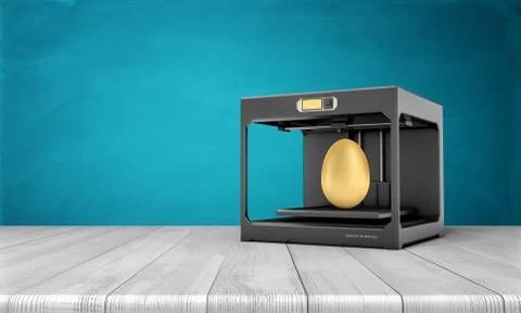 3d rendering of a black 3d-printer standing on a wooden table with a finished Stock Illustration