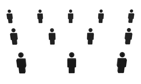 3D rendering of black, abstract symbols of people standing apart in rows Stock Illustration