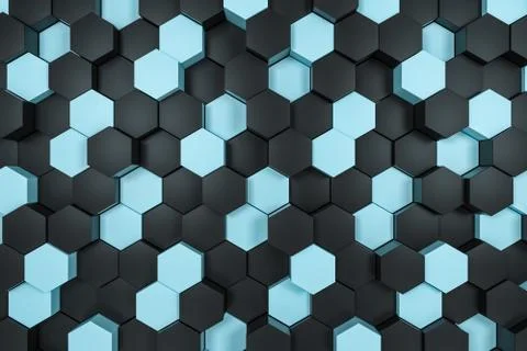 3d rendering, black and cyan hexagon cubes. Foto stock
