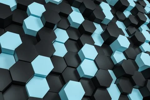 3d rendering, black and cyan hexagon cubes. Foto stock