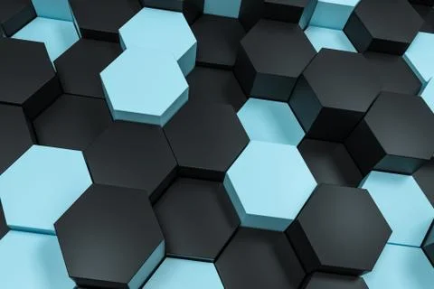 3d rendering, black and cyan hexagon cubes. Foto stock